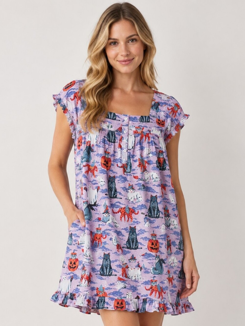 Printfresh Halloween House Cat Pintuck Nightgown Organic Cotton Size Medium